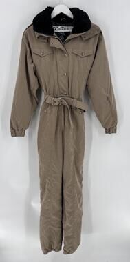 Vintage Nils Ski Snow Suit Jumpsuit Womens 10 Brown Hooded 80s Fleece Collar USA
